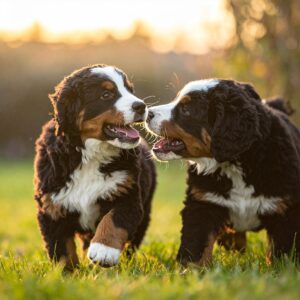 Two mini Bernese puppies playing together