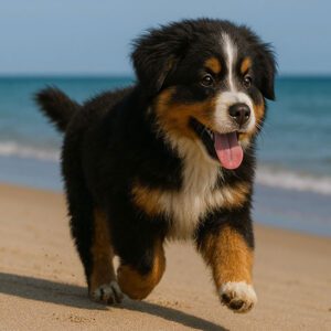 Mini Bernese Mountain dog running on the beach
