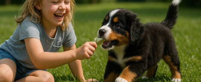 Mini Bernese Mountain dog playing with a litlle girl