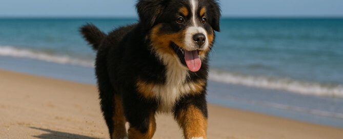 Mini Bernese Mountain Dog running on the beach