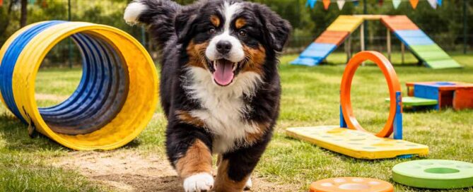 A fluffy Bernese Mountain Dog puppy runs joyfully through a colorful outdoor agility course, enjoying fun dog activities like tunnels, ramps, and hoops on a grassy field, providing mental stimulation for dogs amid trees and cheerful decorations.