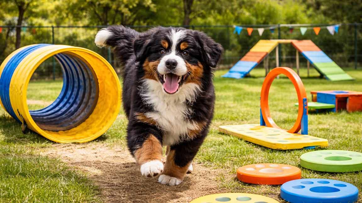 A fluffy Bernese Mountain Dog puppy runs joyfully through a colorful outdoor agility course, enjoying fun dog activities like tunnels, ramps, and hoops on a grassy field, providing mental stimulation for dogs amid trees and cheerful decorations.