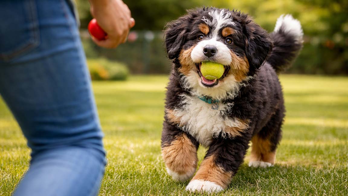 A fluffy, tricolor Bernese Mountain Dog puppy happily carries a green tennis ball in its mouth while walking on grass toward a person holding a red ball.
