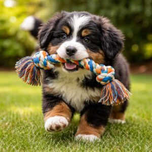 A fluffy puppy with black, brown, and white fur carries a colorful rope toy in its mouth while walking on green grass outdoors.