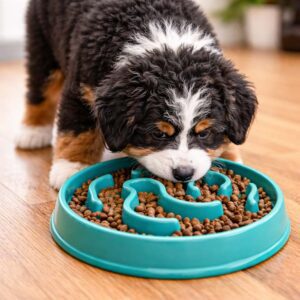 A fluffy puppy with black, white, and brown fur enjoys dry kibble from a blue slow feeder bowl on a wooden floor.