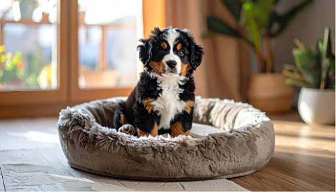 Mini Bernese Mountain Dog resting in his dog bed after a grooming session