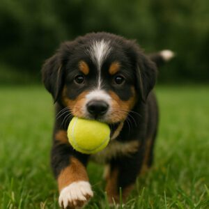 Mini Bernese Mountain dog playing in the grass with a ball for one of his daily exercise sessions