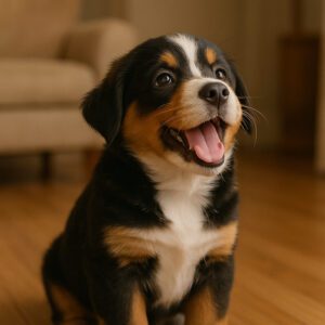Mini Bernese Mountain Dog puppy sitting down, with his tongue out.