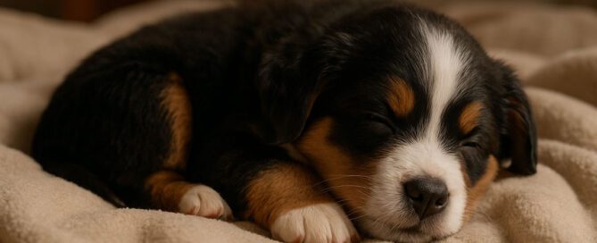 Mini Bernese Mountain Dog sleeping on a blanket
