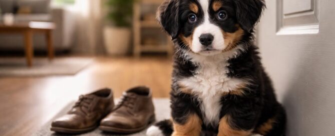 Mini Bernese Mountain dog suffering from separation anxiety in dogs, waiting for his owner to come back by the door