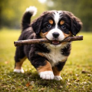 Mini Bernese Mountain dog running in the grass with a stick in his mouth