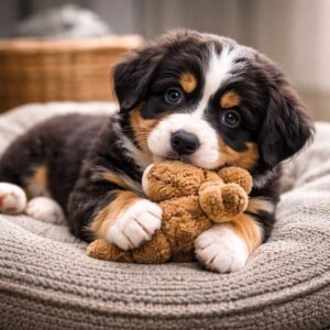 Mini Bernese puppy playing with a stuffed animal in his dog bed