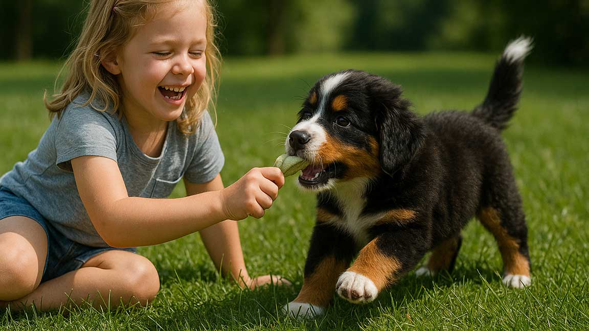 A young girl playing with her puppy, one of the best way to prevent separation anxiety in dogs