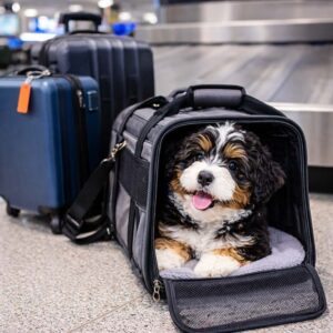A small, fluffy black, white, and brown puppy sits inside a soft pet carrier on an airport floor.