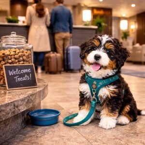 A fluffy black, brown, and white puppy on a leash sits in a hotel lobby near a “Welcome Treats!” sign with treats and water—proof that traveling with a dog means everyone gets a warm welcome.