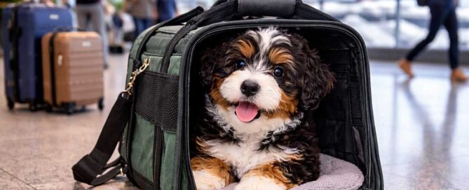 A fluffy, happy puppy sits inside a soft pet carrier on the airport floor, surrounded by suitcases and blurred travelers, capturing the joy of traveling with a dog.