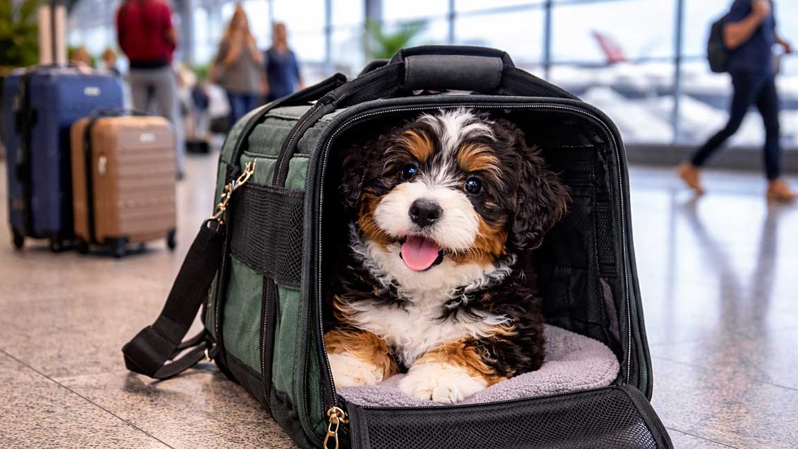 A fluffy, happy puppy sits inside a soft pet carrier on the airport floor, surrounded by suitcases and blurred travelers, capturing the joy of traveling with a dog.