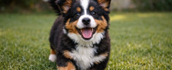 A fluffy, tricolor puppy with black, brown, and white fur runs joyfully on green grass, mouth open and tongue out—its playful dog body language shining—against a blurred background of trees.
