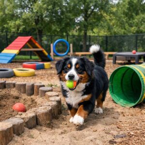 A fluffy black, brown, and white dog enjoys some dog enrichment as it walks on sand with a green tennis ball in its mouth at a colorful outdoor dog park.