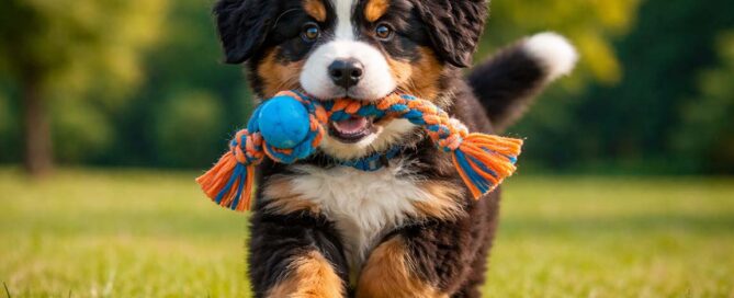 A fluffy mini Bernese moutain dog puppy runs on grass with a blue and orange rope toy in its mouth, enjoying dog enrichment.