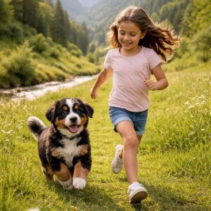 A young girl with long brown hair runs joyfully beside a fluffy black, white, and brown puppy on a grassy path in a sunny, green mountain landscape near a stream