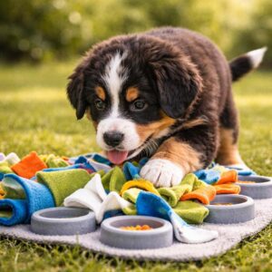 A playful puppy with black, brown, and white fur explores a colorful snuffle mat on green grass, using its nose and paws to search for treats—a great activity for new dog owners and a fun way to encourage puppy socialization.