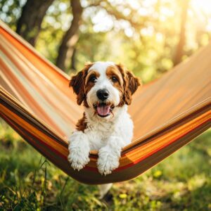 A happy brown and white Bernedoodle lies in an orange striped hammock outdoors, surrounded by green grass and trees—an ideal scene for new dog owners seeking inspiration for puppy socialization.