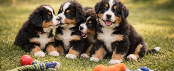 Four fluffy Bernese Mountain Dog puppies sit together on grass, looking playful and happy.