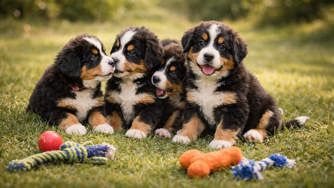 Four fluffy Bernese Mountain Dog puppies sit together on grass, looking playful and happy.