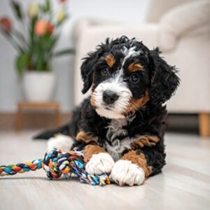 A fluffy black, brown, and white puppy lies on a light-colored floor, holding a colorful braided rope toy—perfect for soothing puppy teething. 
