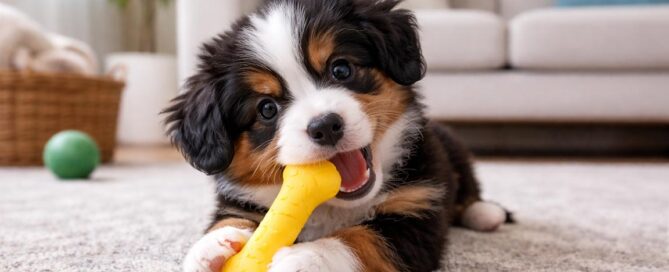 A fluffy black, brown, and white puppy lies on a carpet, chewing a yellow rubber bone toy—a perfect choice for puppy teething.