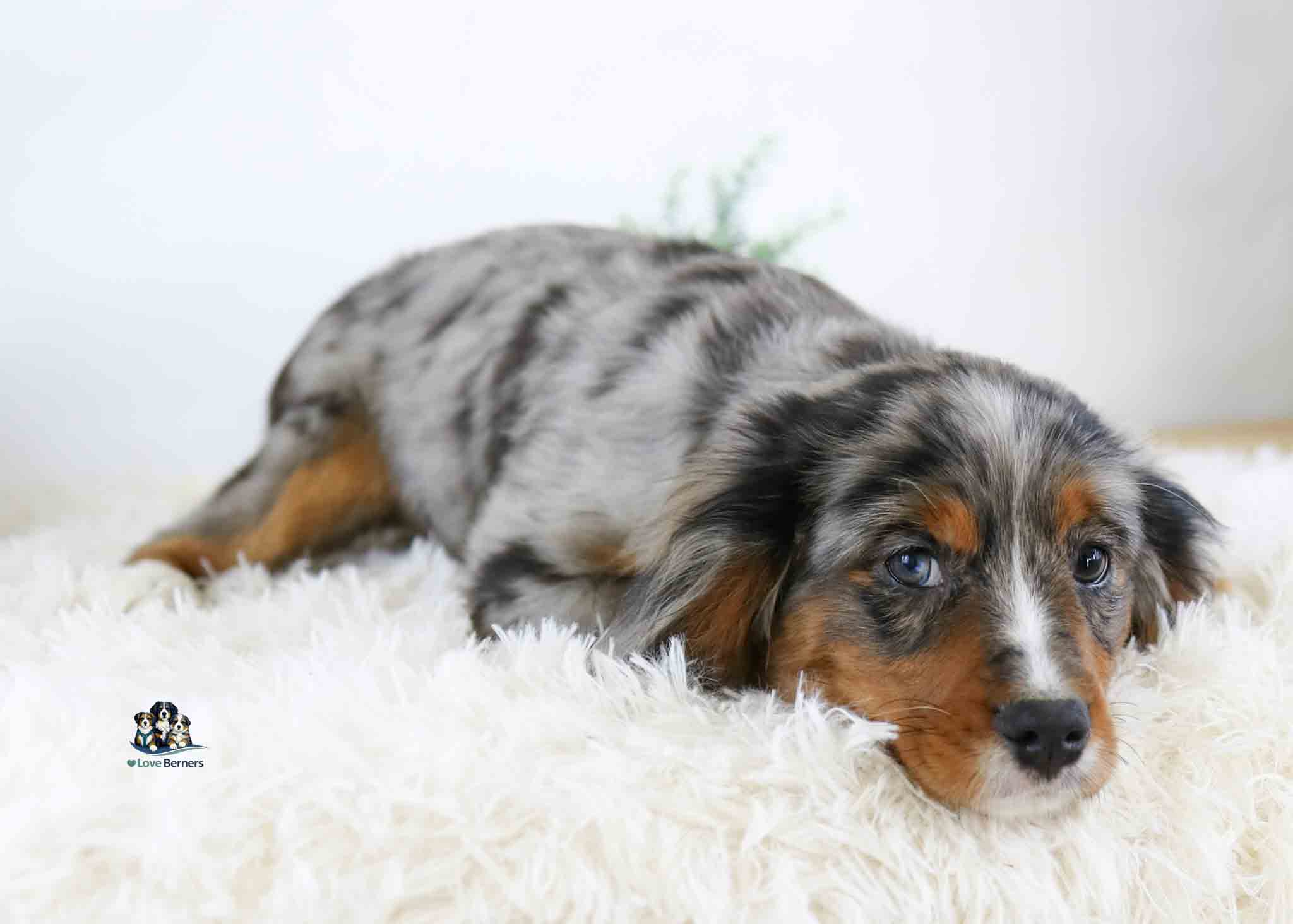 Lany, a blue merle Mini Bernese puppy with blue eyes, lies on a fluffy white blanket, appearing relaxed and content.