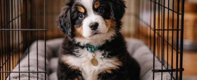 A fluffy black, white, and brown puppy with a blue collar sits on a gray bed inside a wire crate, looking up with big eyes—a perfect moment for crate training. A chew stick lies in front of the puppy on the bed.