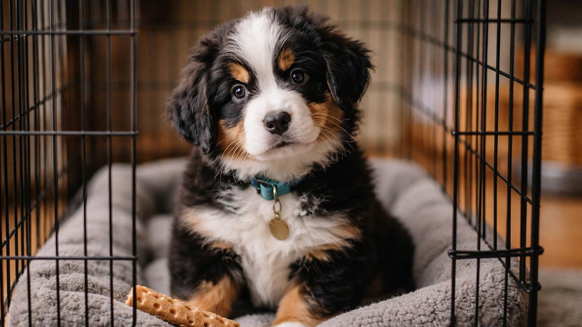 A fluffy black, white, and brown puppy with a blue collar sits on a gray bed inside a wire crate, looking up with big eyes—a perfect moment for crate training. A chew stick lies in front of the puppy on the bed.
