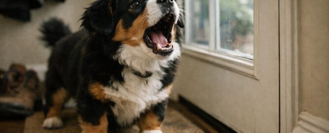 A small, fluffy black, brown, and white dog stands on a doormat indoors, dog barking loudly at the glass door with its mouth wide open.
