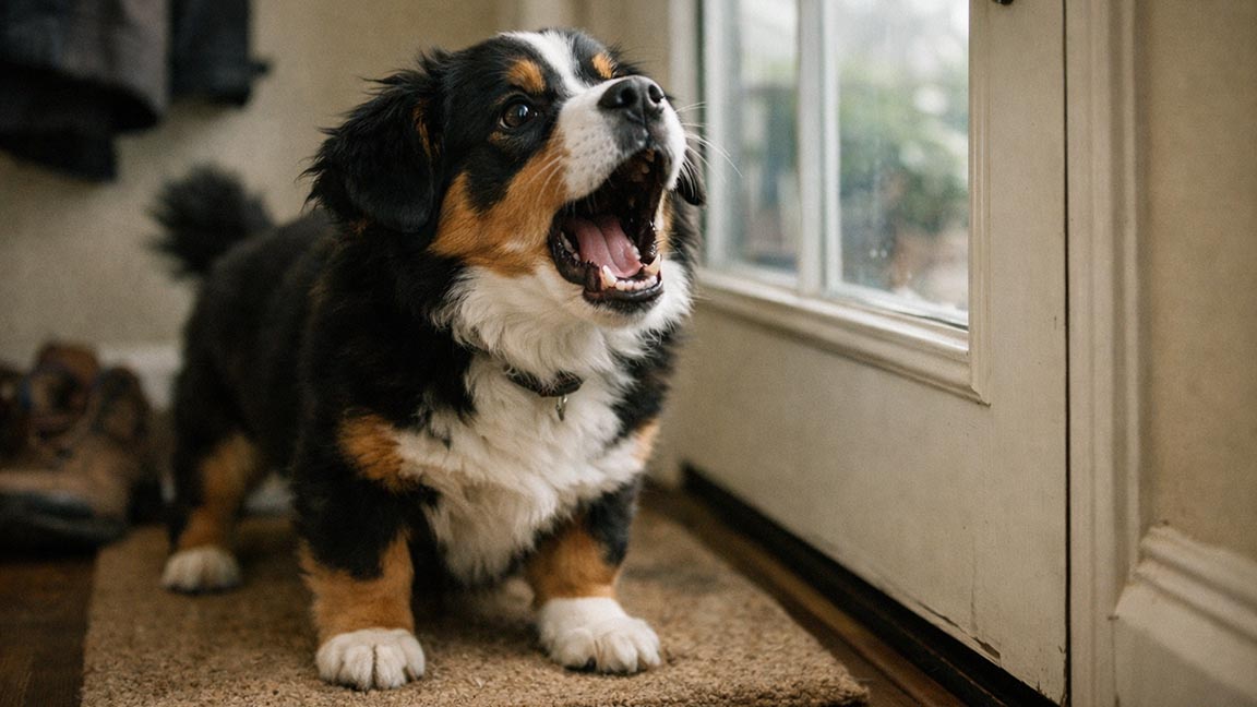A small, fluffy black, brown, and white dog stands on a doormat indoors, dog barking loudly at the glass door with its mouth wide open.