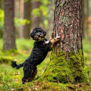 A curly-haired black and brown dog with white markings stands on its hind legs, resting its front paws against a mossy tree trunk in a green forest, appearing playful as if it’s a curious puppy biting at the bark.