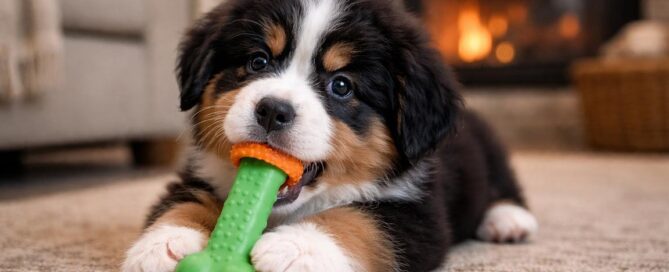A fluffy tri-color mini Bernese Mountain dog puppy is biting a green bone-shaped toy while lying on a carpet in a cozy living room with a fireplace in the background.