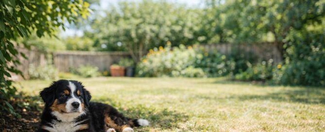 A fluffy black, brown, and white puppy lies on the grass in a sunny backyard, partially shaded by a tree for dog heat safety, with greenery and a wooden fence in the background.