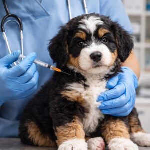 A veterinarian wearing blue gloves and scrubs is preparing to give a brown, black, and white puppy an injection in a clinical setting. The calm puppy, likely from responsible breeding, sits patiently on the exam table.