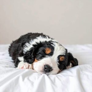 A Bernese Mountain Dog puppy, the result of responsible breeding, with black, white, and brown fur sleeps peacefully on a white bed, its head resting on its front paw.