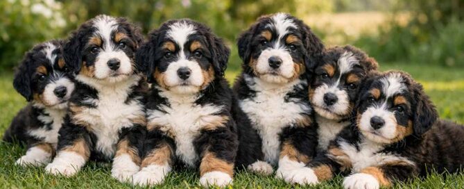 Six fluffy Bernese Mountain Dog puppies sit close together on green grass, looking at the camera. This peaceful outdoor scene highlights the joy of responsible breeding, with each puppy surrounded by greenery and flowers in a soft, blurred background.
