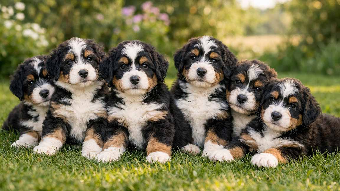 Six fluffy Bernese Mountain Dog puppies sit close together on green grass, looking at the camera. This peaceful outdoor scene highlights the joy of responsible breeding, with each puppy surrounded by greenery and flowers in a soft, blurred background.