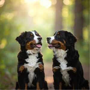 Two Bernese Mountain Dogs sit side by side on a forest path, surrounded by sunlight filtering through the trees—showing no signs of stress in dogs as they happily look at each other with their tongues out.
