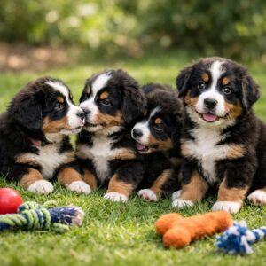 Four fluffy Bernese Mountain Dog puppies sit on grass surrounded by colorful dog toys, including a rope, a red ball, and an orange bone, enjoying playtime that helps reduce stress in dogs against a blurred green background.