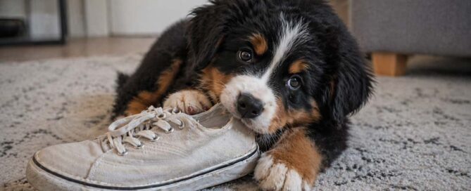 A fluffy Bernese Mountain Dog puppy lies on a rug, playfully chewing on a white sneaker with its paws—a reminder that such behaviors can sometimes signal stress in dogs.