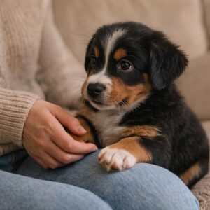 A person wearing a beige sweater and blue jeans sits on a couch during their first night with a new puppy, as the fluffy black, brown, and white pup rests its paw on their leg, looking up with soft, curious eyes.