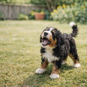 A fluffy black, white, and brown dog stands on green grass in a backyard, mouth open as if barking or panting with plants and a wooden fence in the background.
