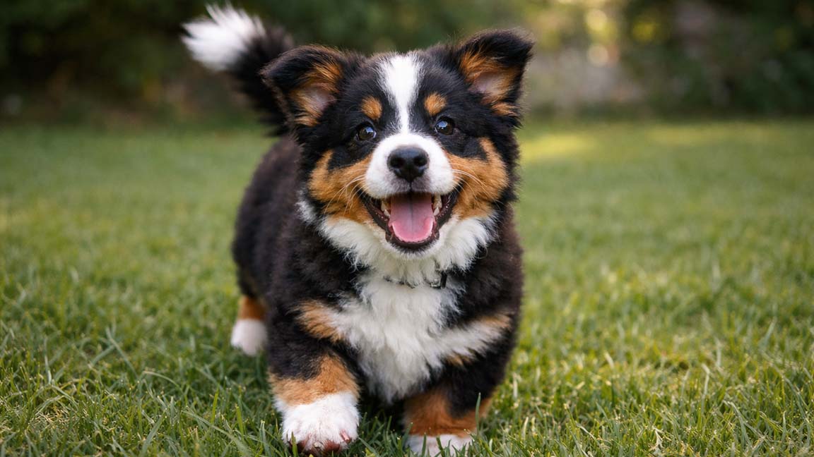 A fluffy, tricolor new puppy with black, white, and brown fur stands on green grass, looking up with its mouth open and tongue out.