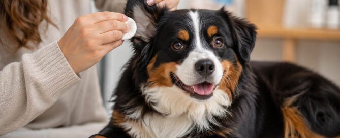 A person gently cleans a happy dog’s ears with a cotton pad. The dog is lying on a table, looking content with its tongue out, enjoying some soothing dog ear care.